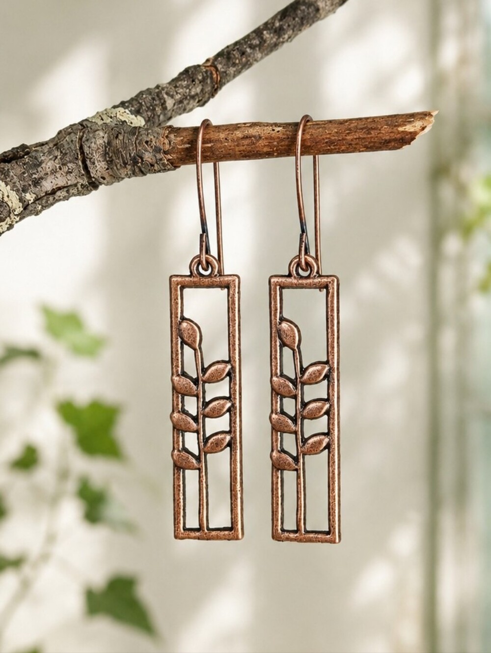 Copper Leaf Earrings Botanical Minimalist Nature Dangles Modern Hand Crafted